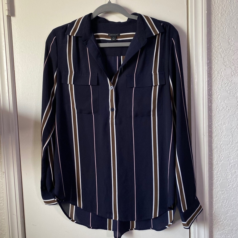 Ann Taylor Navy Blue Striped Long Sleeve Button Front Blouse Small Pockets 3547